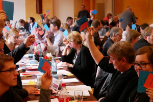 Männer und Frauen sitzen an langen Tische und halten rote und/oder blaue Karten hoch