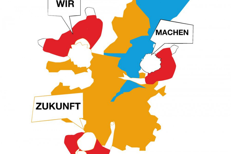 Drei jungen Menschen von oben gebeugt über eine Grafik von Kiel