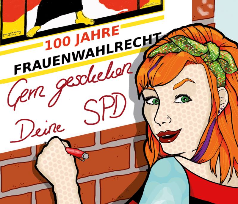 Ein Mächen schreibt "Gern geschehen Deine SPD" auf ein Plakat zu 100 Jahre Frauenwahlrecht.