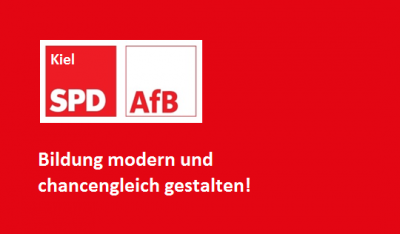 Logo AfB Kiel, Arbeitsgemeinschaft für Bildungsfragen. Weiße Schrift auf rotem grund: Bildung modern und chancengleich gestalten!