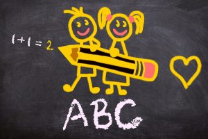Zeichnung von 2 Kindern, die einen Bleistift tragen, mit dem sie 1+1=2 an eine Tafel geschrieben haben. Darunter steht ABC.