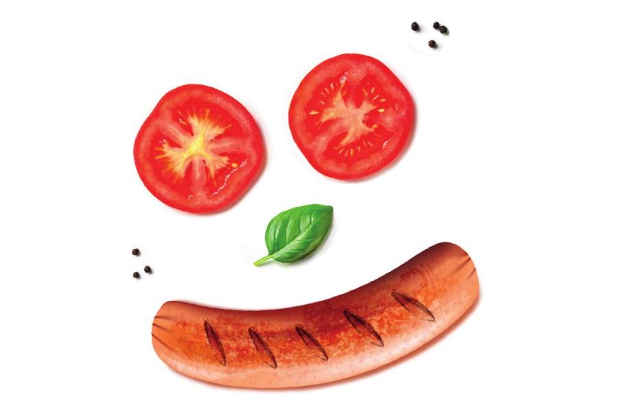 Gesicht aus Tomaten, Basilikum und Würstchen Grillfest
