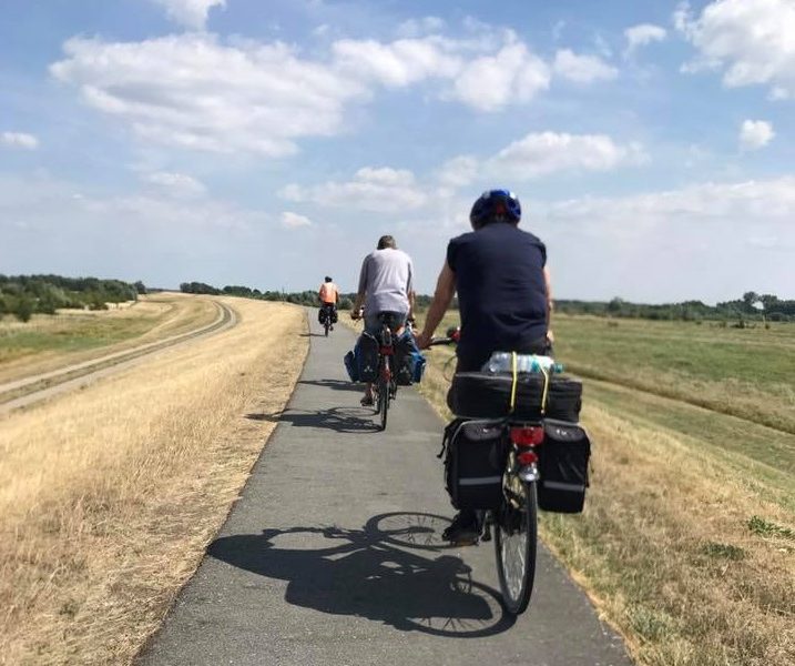 Fahrradfahrer, Weg, Feld, blauer Himmel