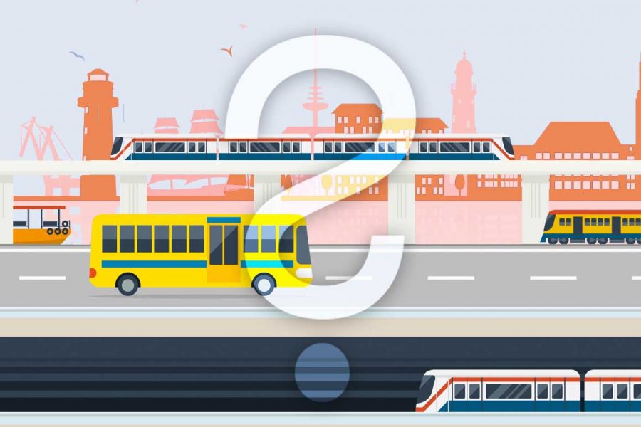 Dieses Bild zeigt eine Illustration der Stadt Kiel - im Hintergrund die Stadt als Silhouette - im Hinblick auf die in der Zukunft möglichen verschiedenen Verkehrswege. Im Vordergrund sieht man U-Bahn, Bus, Bahn und Dampfer. Über dem Gesamtbild liegt ein Fragezeichen als Wasserzeichen