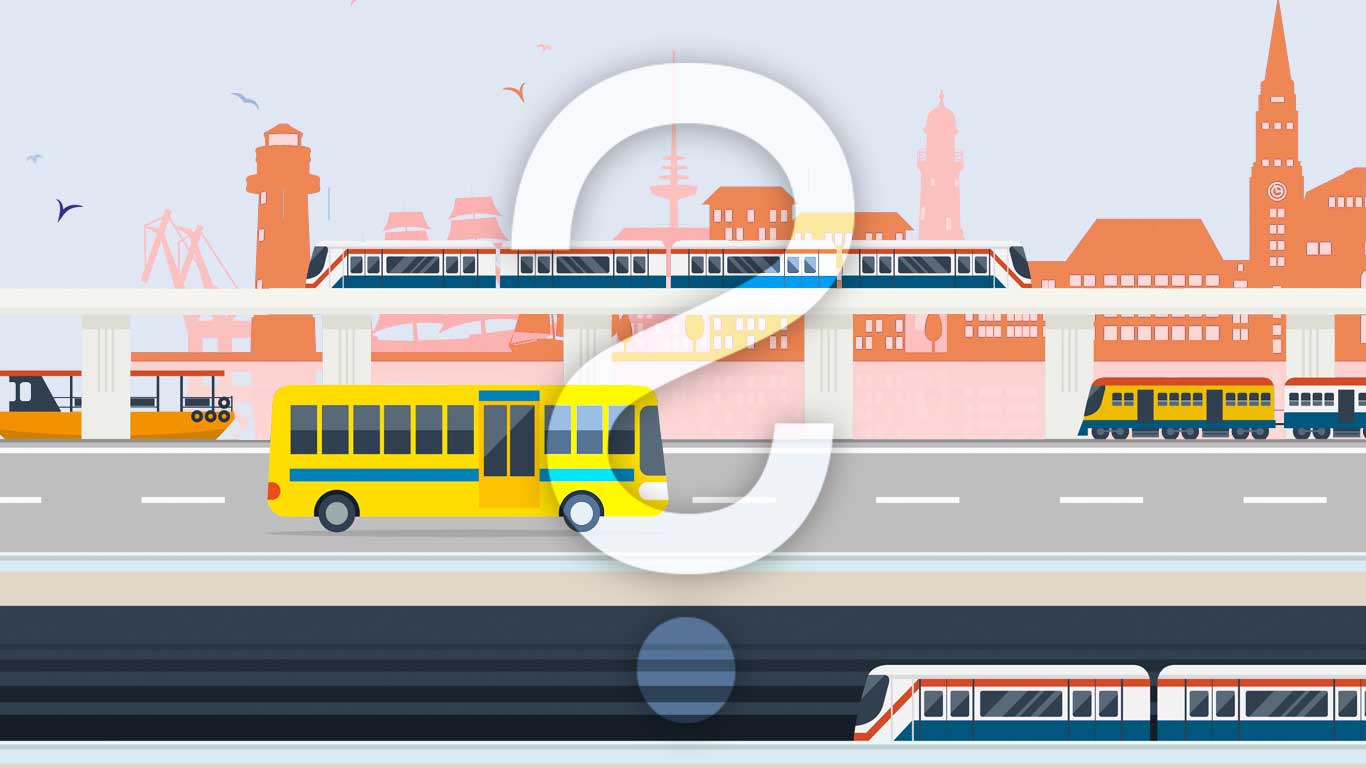 Dieses Bild zeigt eine Illustration der Stadt Kiel - im Hintergrund die Stadt als Silhouette - im Hinblick auf die in der Zukunft möglichen verschiedenen Verkehrswege. Im Vordergrund sieht man U-Bahn, Bus, Bahn und Dampfer. Über dem Gesamtbild liegt ein Fragezeichen als Wasserzeichen