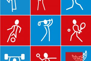 Ein 9-geteiltes Bild mit 8 Sport-Symbolen verschiedener Sportarten: Judo, Schießen, Fechten, Fussball, Golf, Tennis, Gewichteheben & Handball. Im letzten Feld ist das SPD Ratsfraktion Kiel Logo dargestellt