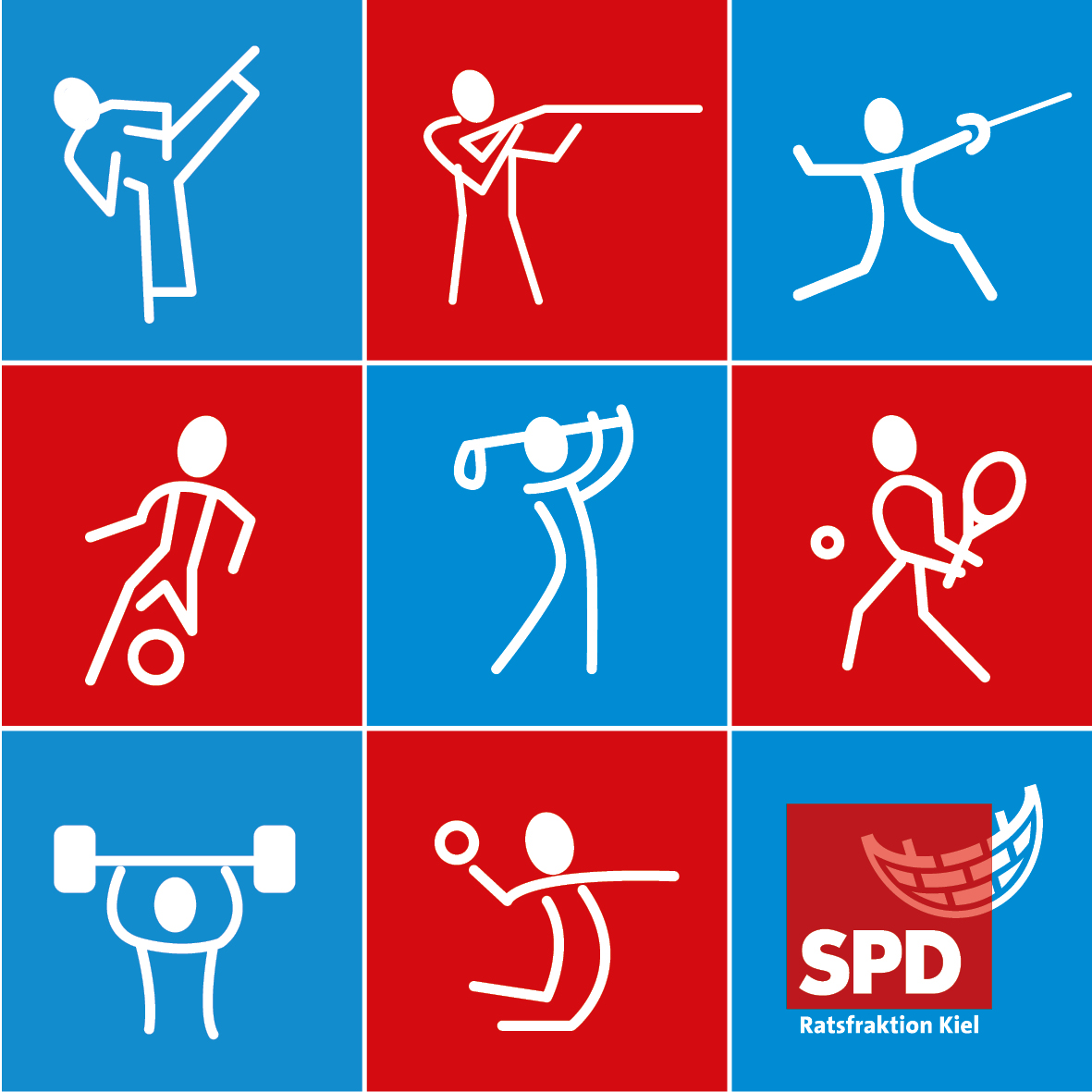 Ein 9-geteiltes Bild mit 8 Sport-Symbolen verschiedener Sportarten: Judo, Schießen, Fechten, Fussball, Golf, Tennis, Gewichteheben & Handball. Im letzten Feld ist das SPD Ratsfraktion Kiel Logo dargestellt