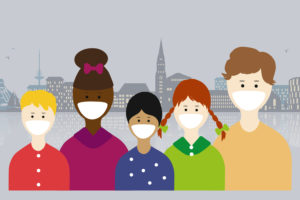 Illustration mit 5 Personen mit verschiedenem Alter und verschiedener Herkunft samt Atemschutzmaske und im Hintergrund wird die Stadt Kiel als Silhouette gezeigt.