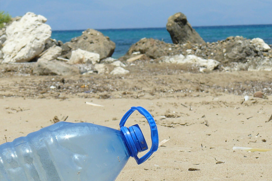 Foto zeigt eine blaue verbrauchte Plastiktrinkflasche im Vordergrund und im Hintergrund den Strand und das Meer