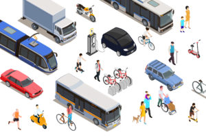 Illustration mit allen Verkehrsträgern wie Auto, Fahrrad, Roller, Vespa, Fußgänger, Laster, Bus, Skateboard, Motorrad