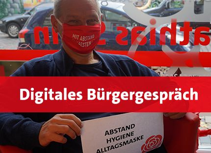 Digitales Buergergespraech zu Corona mit Mathias Stein, der einen Mundschutz trägt.