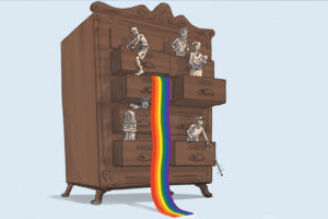 Zeichnung einer Kommode mit teilweise offenen Schubläden. Aus einer hängt eine regenbogenfarbene Fahne. Die Figuren, die aus den anderen Schubläden ragen, sind unterschiedlichster Herkunft, mit unterschiedlichem Geschlecht etc.