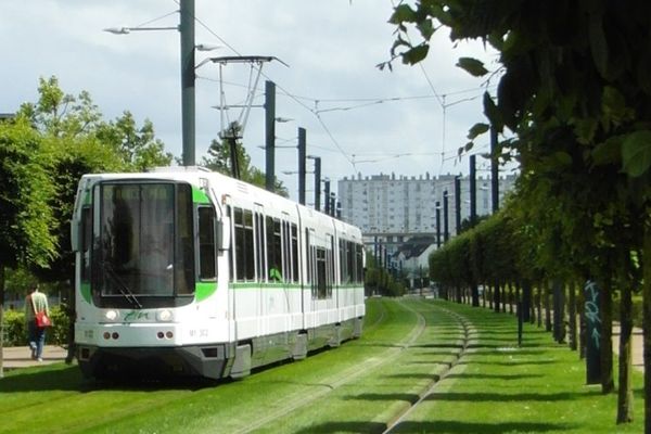 Tram auf Rasenbett mit Hochhäusern im Hintergrund