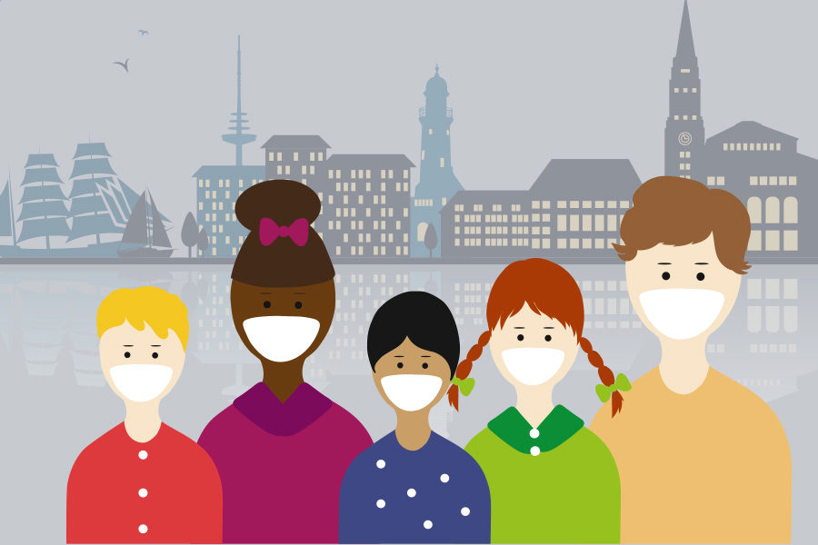 Illustration von diversen Menschen verschiedener Herkunft mit einer Mund- und Nasenschutz-Maske. Im Hintergrund ist die Skyline von Kiel