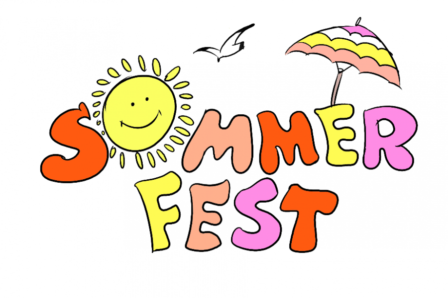 Sommerfest mit Sonne, Sonnenschirm und Möwe