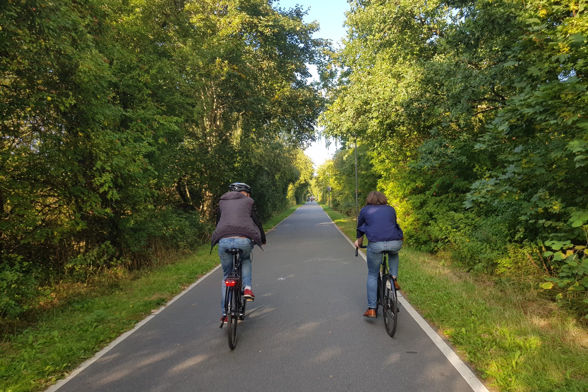 Zwei Radfahrer sind von hinten zu sehen. Sie sind unterwegs auf einer Fahrradstraße im Grünen.