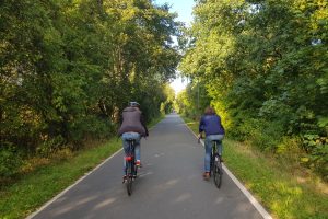 Zwei Radfahrer sind von hinten zu sehen. Sie sind unterwegs auf einer Fahrradstraße im Grünen.