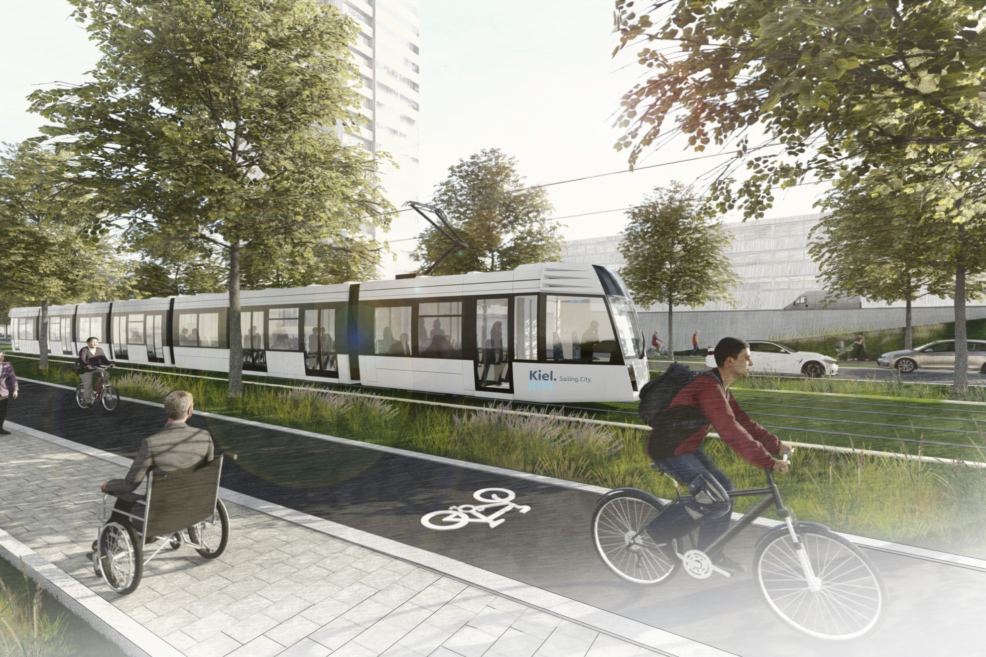 Visualisierung der zukünftigen Kieler Stadtbahn in Mettenhof. Die Stadtbahn fährt über den Skandinaviendamm, im Hintergrund ist der weiße Riese zu sehen. Auf der einen Seite der Stadtbahn sind zwei Fahrspuren für Autos zu sehen, auf der anderen Seite ein Radweg und ein Gehweg.