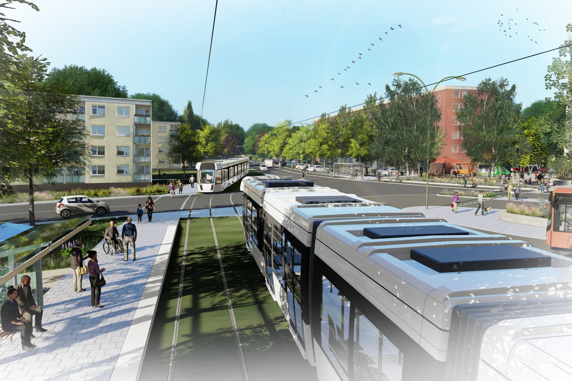 Visualisierung der zukünftigen Kieler Stadtbahn in Suchsdorf am Rungholtplatz. Die Stadtbahn fährt auf Rasengleisen. An der Haltestelle warten mehrere Menschen. Im Hintergrund ist ein Bus zu sehen.