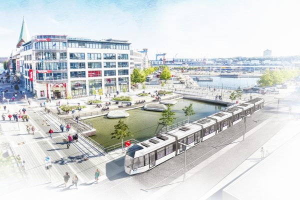 Visualisierung der zukünftigen Kieler Stadtbahn, die durch am Holstenfleet entlangfährt