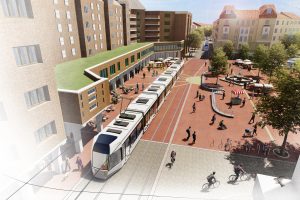 Visualisierung des Kieler Vinetaplatz mit einer Stadtbahn. Die Stadtbahn fährt am nördlichen Ende Richtung Elisabethstraße/Karlstal.